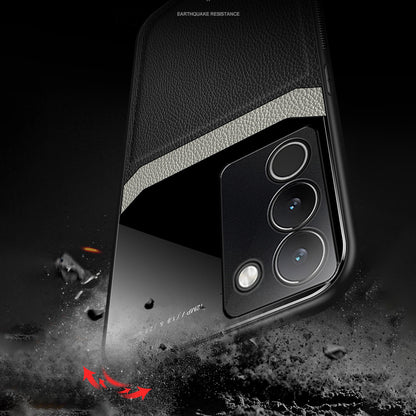 A black protective case for a Vivo Y200 5G smartphone, featuring a leather lens design.