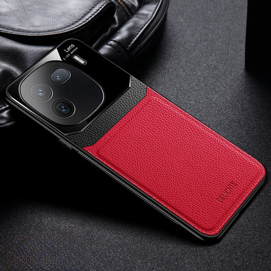 A red and black protective case for a smartphone, featuring a leather texture on the sides and a clear plexiglass back with a camera cutout.