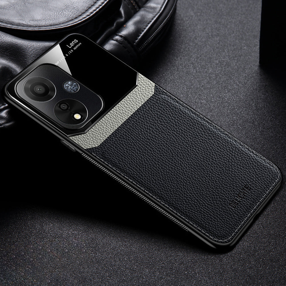 all black protective case for an Oppo A59 5G smartphone, featuring a leather lens on the back.