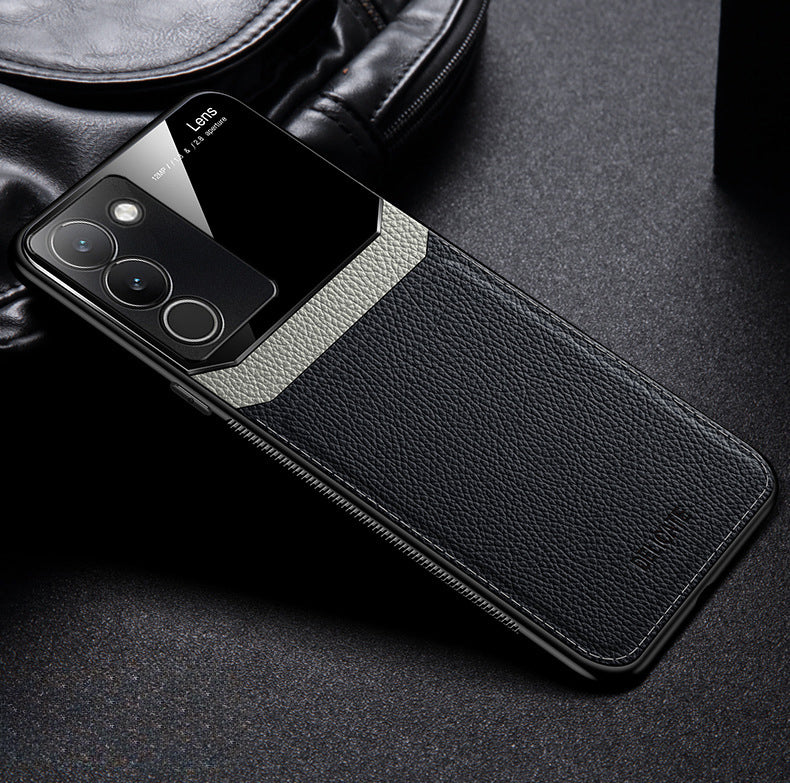 A black protective case for a Vivo Y200 5G smartphone, featuring a leather lens design.