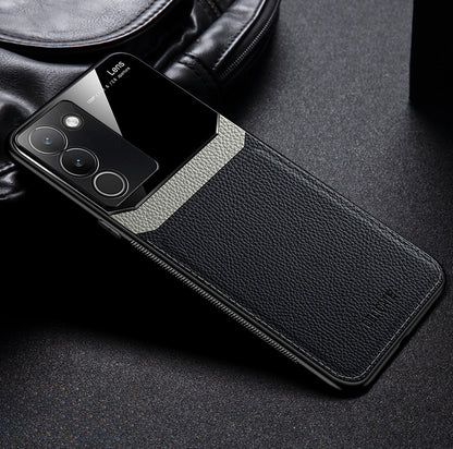 A black protective case for a Vivo Y200 5G smartphone, featuring a leather lens design.
