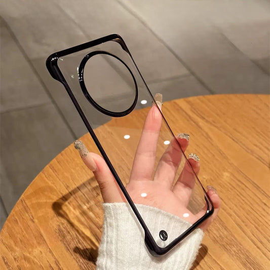 A hand holding a smartphone with a clear back case, demonstrating the ultra-thin frameless design of the case.