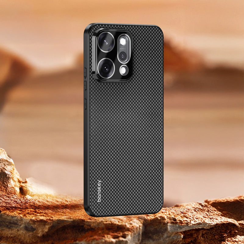 Oppo Reno 14 5G Black phone case with 'bankey' branding on a rocky surface
