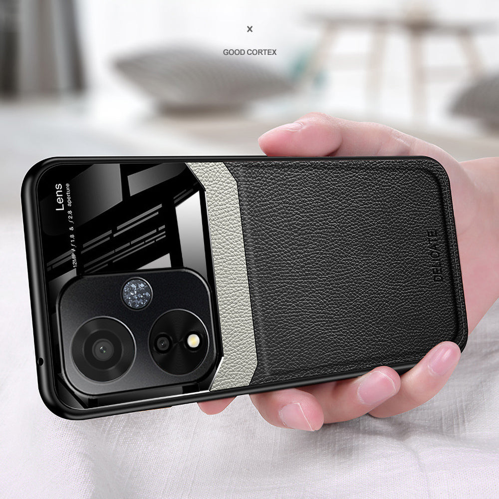 all black protective case for an Oppo A59 5G smartphone, featuring a leather lens on the back.