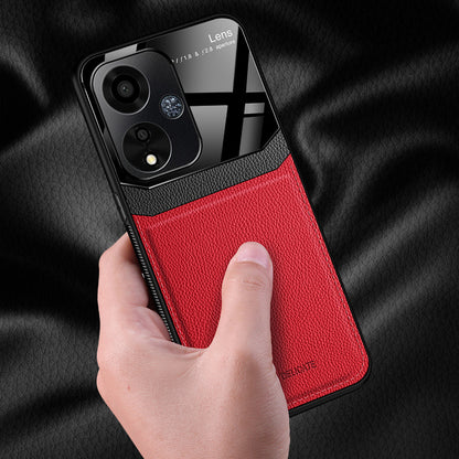 A red and black protective case for an Oppo A59 5G smartphone, featuring a leather lens on the back.