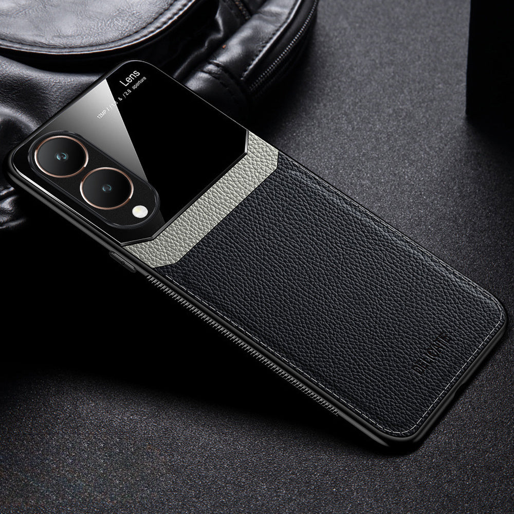 all black colored mobile phone case with a leather finish and a protective edge around the phone's camera and screen