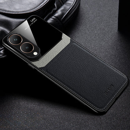 all black colored mobile phone case with a leather finish and a protective edge around the phone's camera and screen
