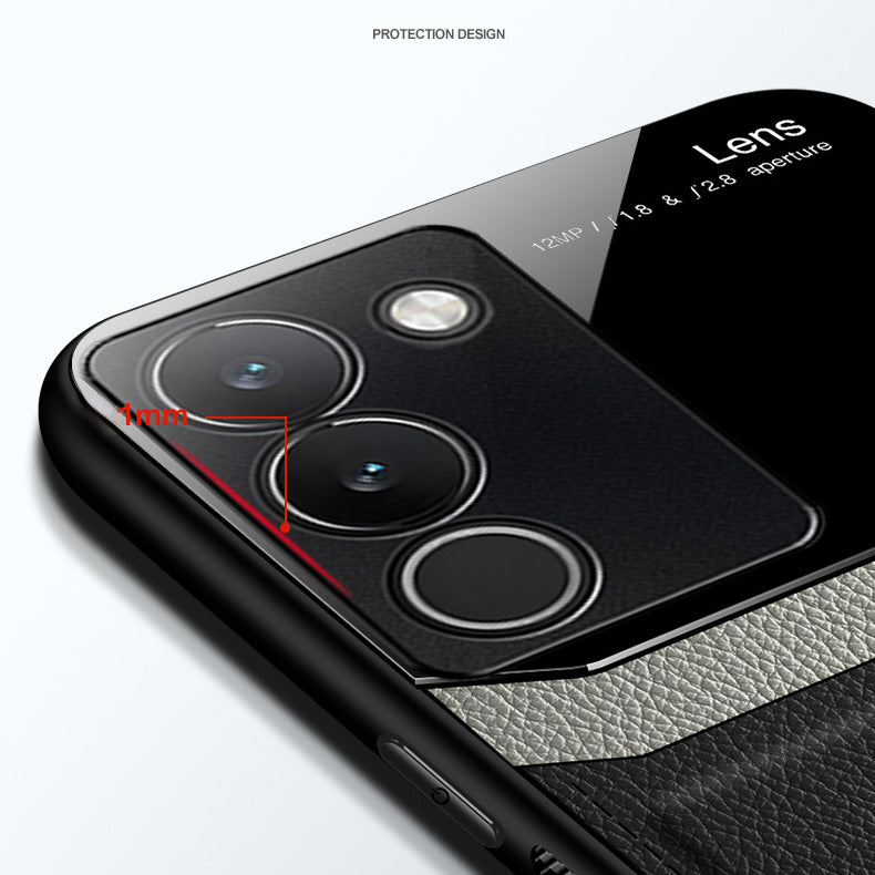 A black protective case for a Vivo Y200 5G smartphone, featuring a leather lens design.