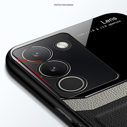 A black protective case for a Vivo Y200 5G smartphone, featuring a leather lens design.