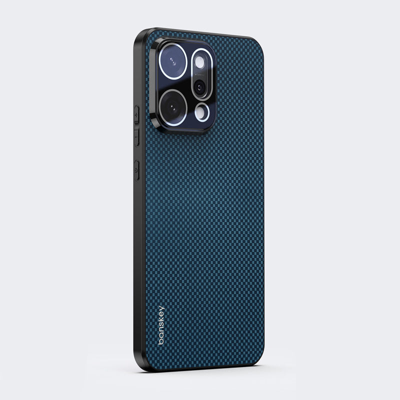 Oppo Reno 14 5G Blue phone case with carbon fiber texture on a light gray background