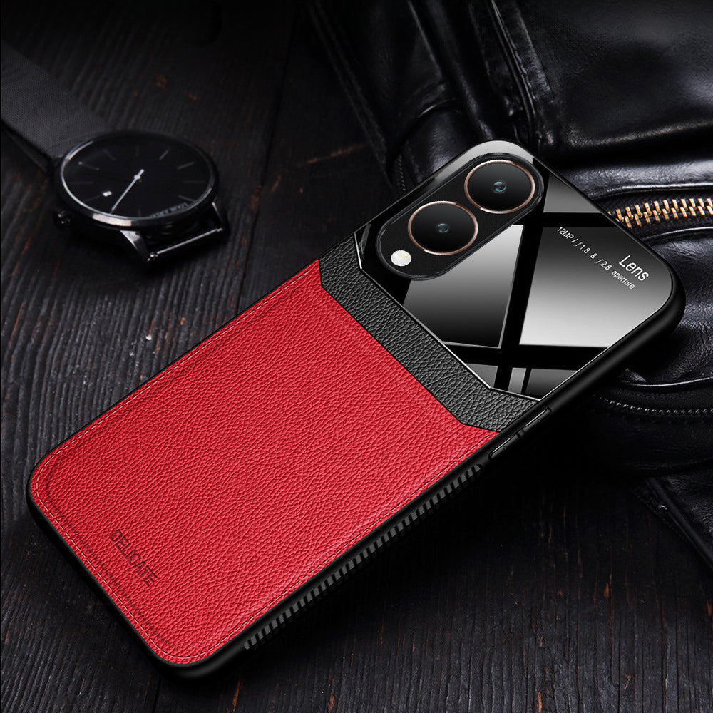 A red and black colored mobile phone case with a leather finish and a protective edge around the phone's camera and screen.