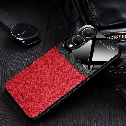 A red and black colored mobile phone case with a leather finish and a protective edge around the phone's camera and screen.