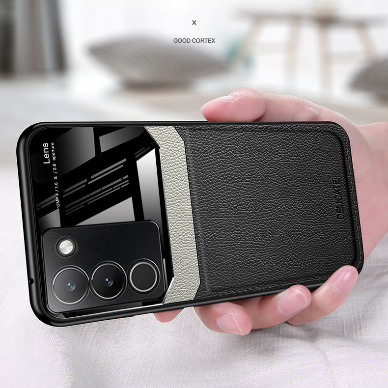 A black protective case for a Vivo Y200 5G smartphone, featuring a leather lens design.