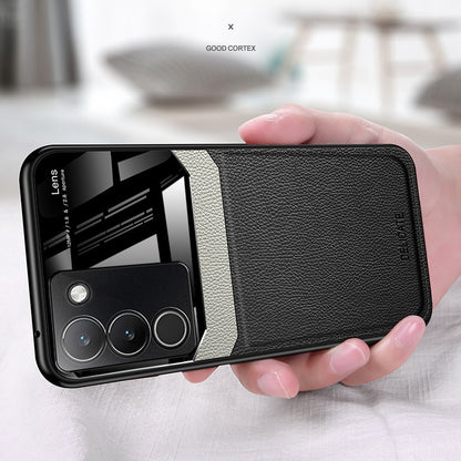 A black protective case for a Vivo Y200 5G smartphone, featuring a leather lens design.