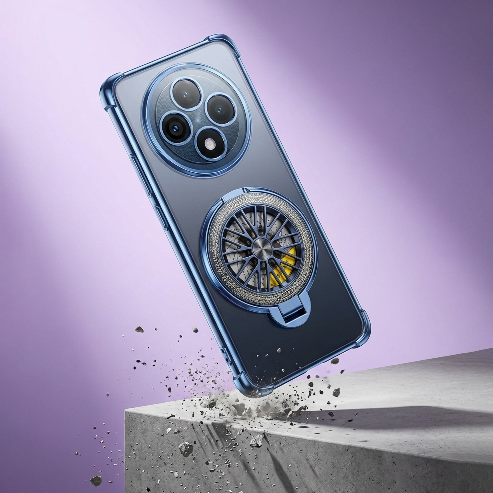 Phone case with wheel design on a purple background