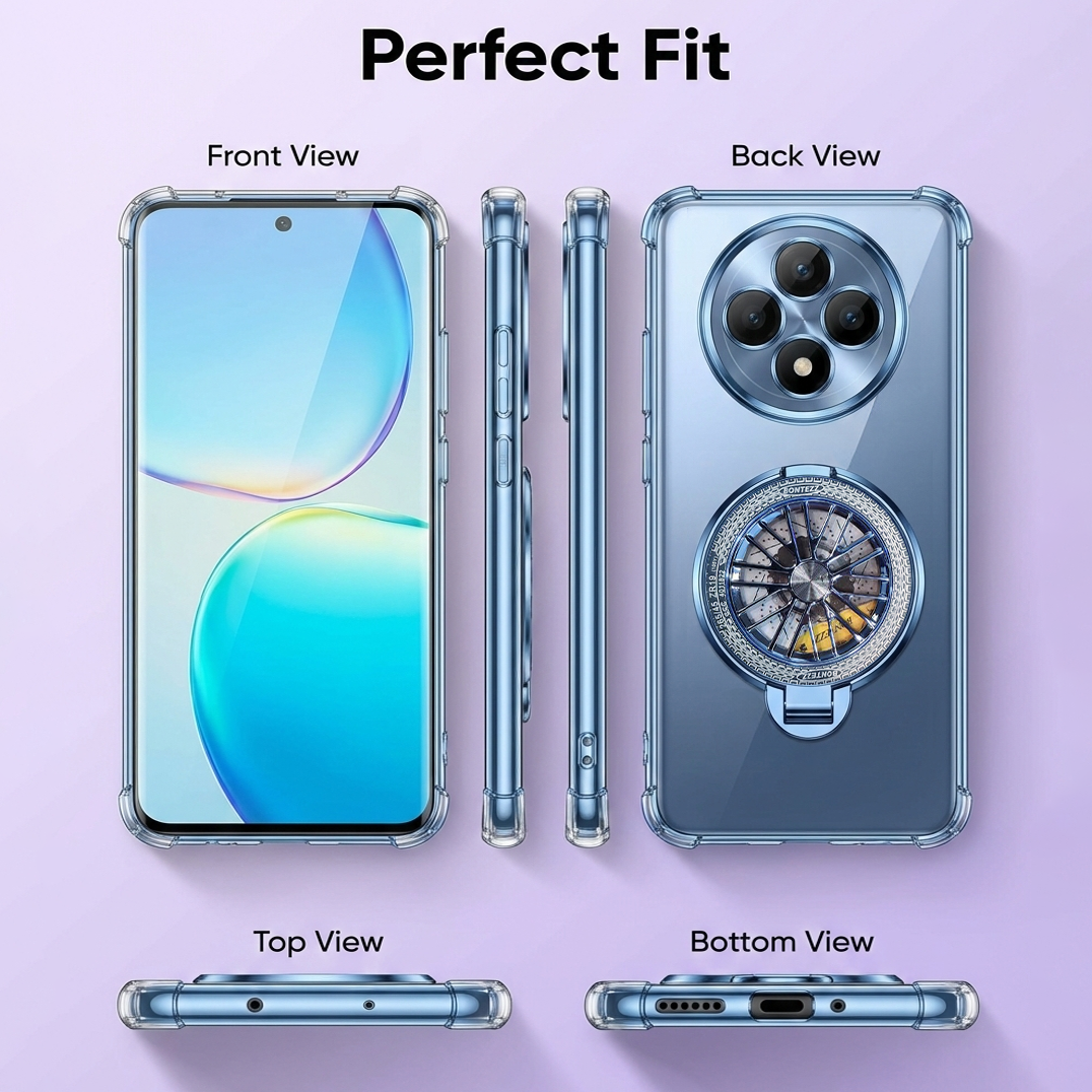 Smartphone case with front, back, top, and bottom views on a purple background