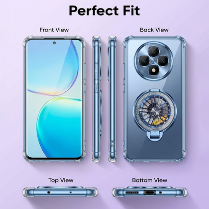 Smartphone case with front, back, top, and bottom views on a purple background