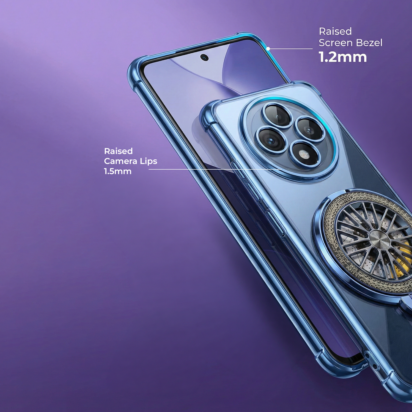 Smartphone with a protective case on a purple background, highlighting raised screen bezel and camera lips.
