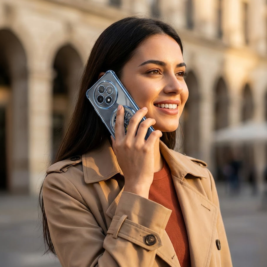 Woman in a beige coat talking on a phone with a blurred architectural background