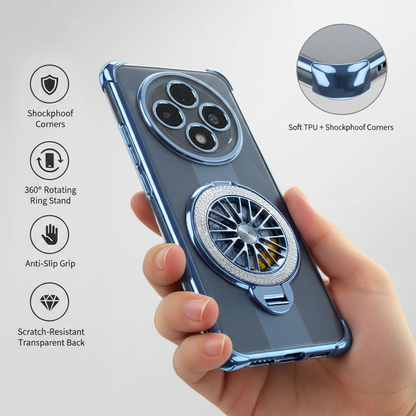 Phone case with ring stand held by a hand, featuring shockproof corners and soft TPU material.