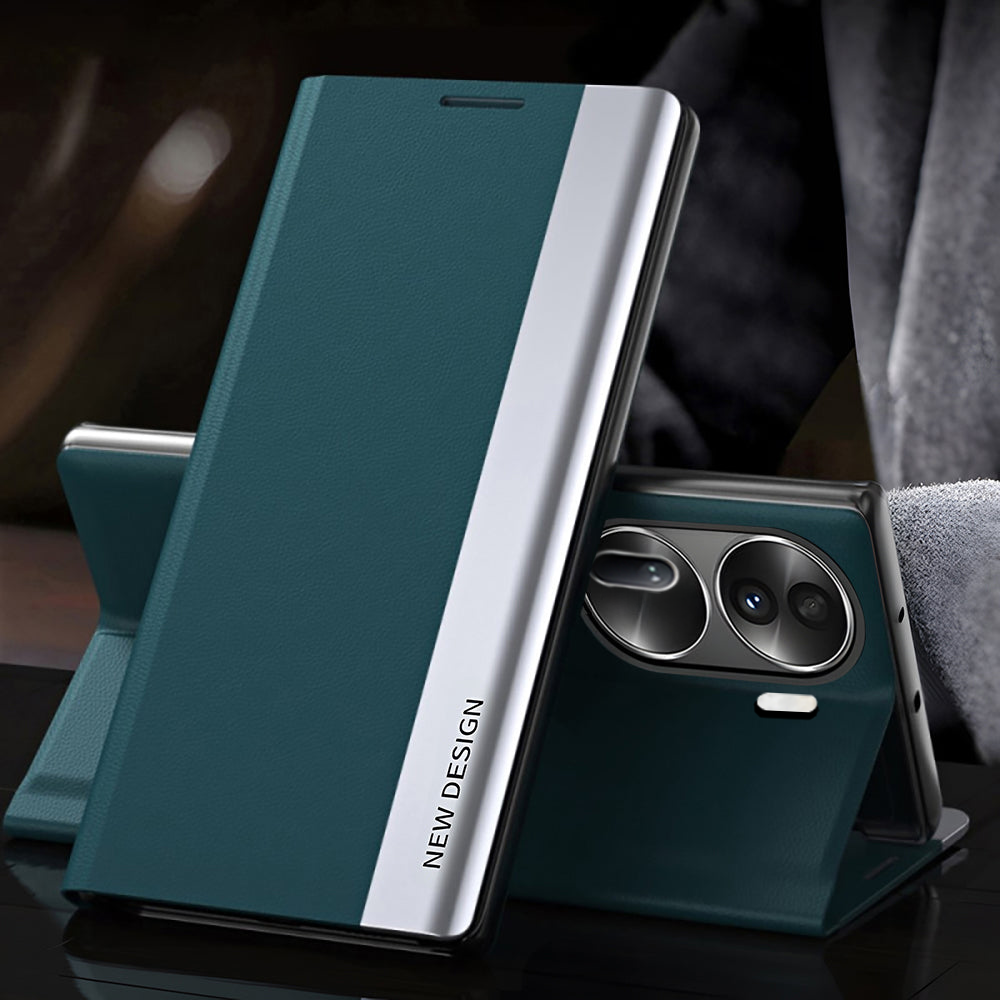 A green Oppo Reno11 Pro 5G smartphone in a magnetic flip leather case with a silver accent.