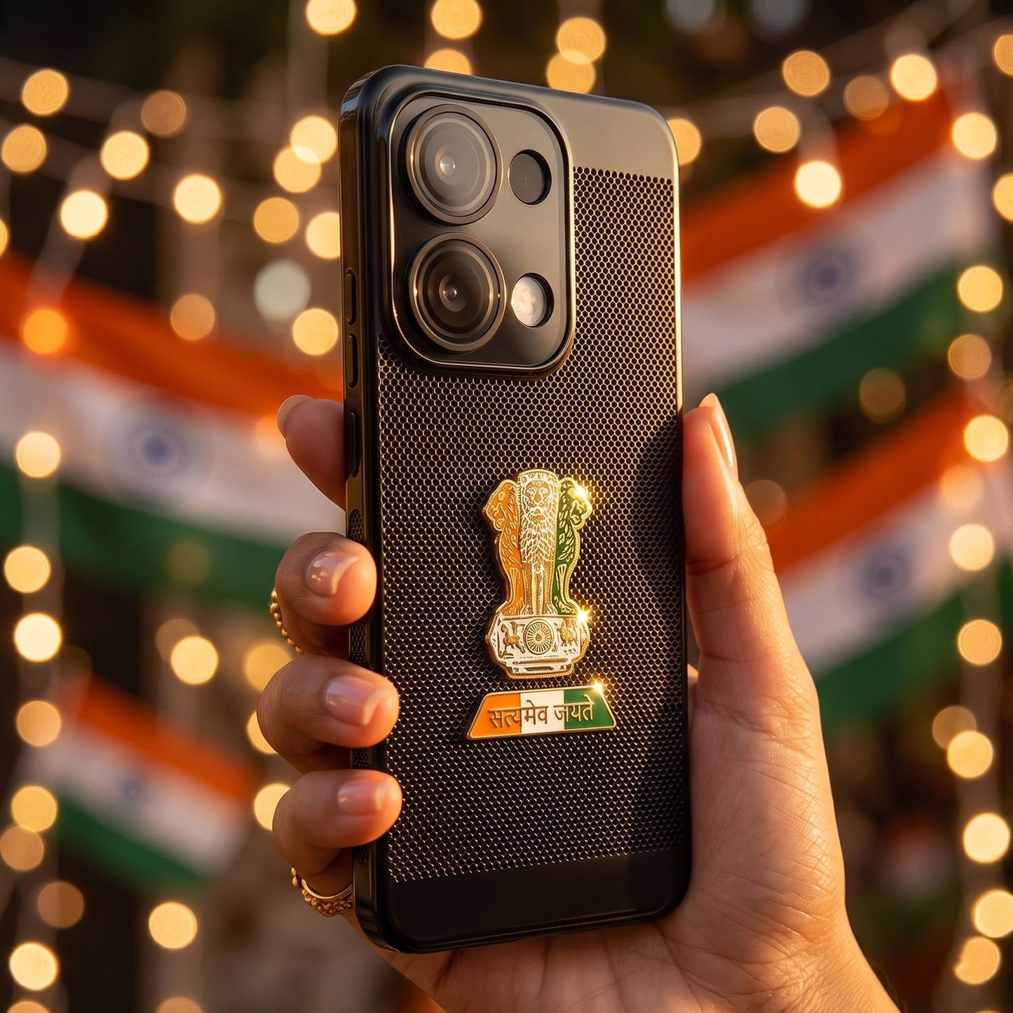 Oppo Reno 13 5G Tri-Color Satyamev Jayate Mesh Electroplated Heat Dissipation Case