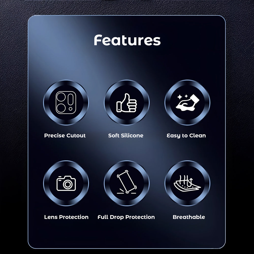 Features of a product displayed on a black background with icons and text.