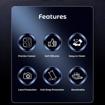 Features of a product displayed on a black background with icons and text.