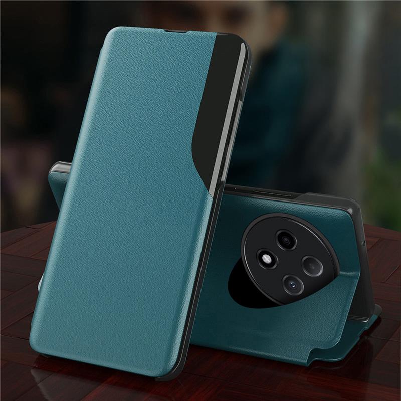 A blue leather flip case for a smartphone, displayed in an open position showcasing the interior.