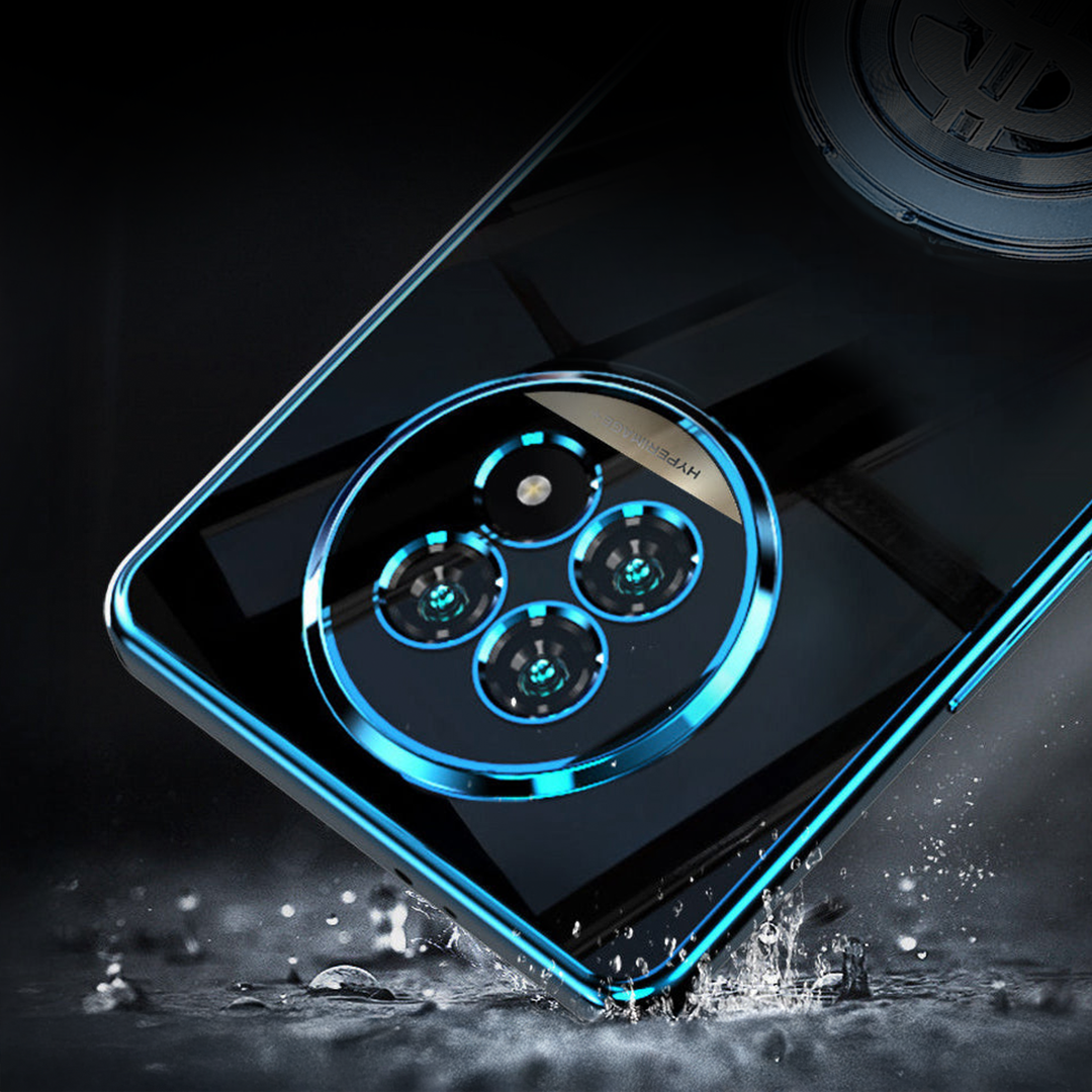 Smartphone with a transparent back and blue camera ring on a dark background