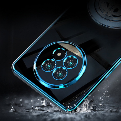 Smartphone with a transparent back and blue camera ring on a dark background