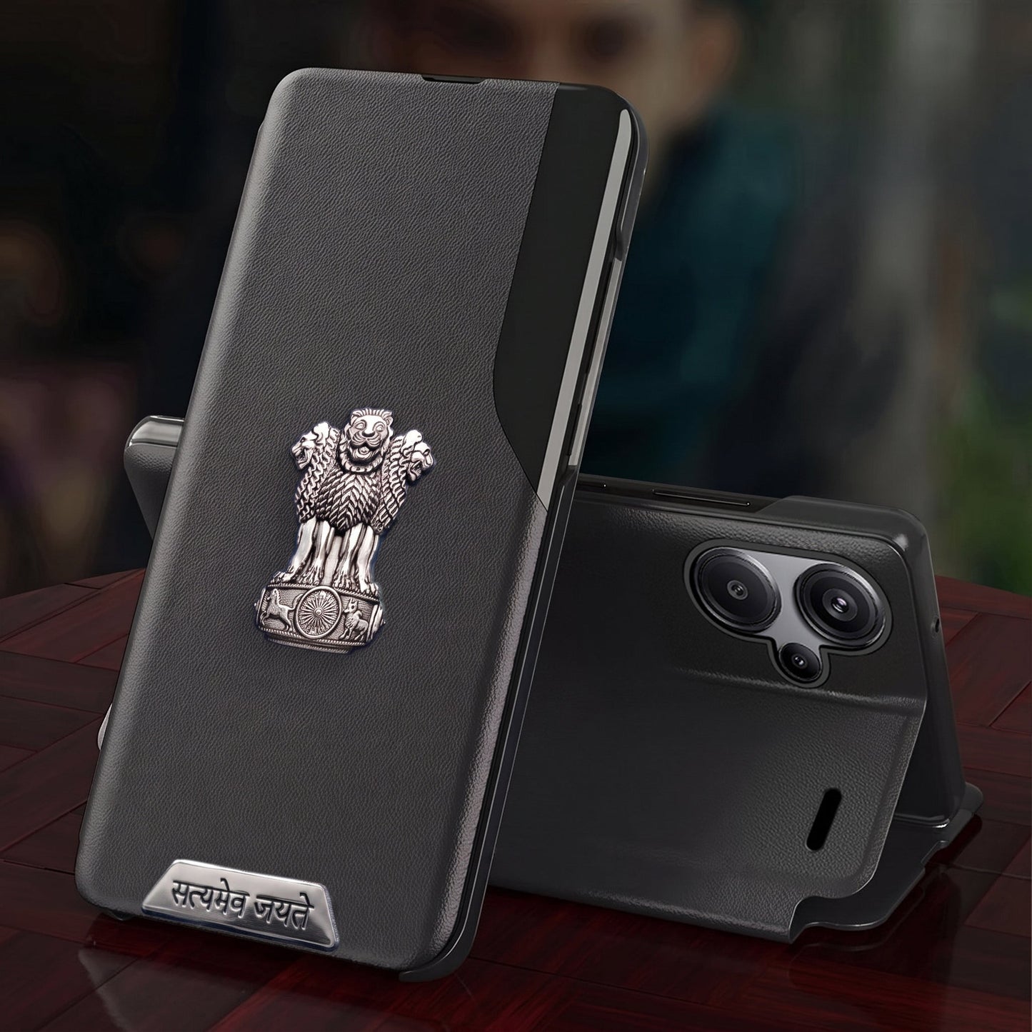 Redmi Note 13 Pro+ 5G Metal Satyamev Jayate 2-in-1 Emblem Half-Window Leather Flip Case