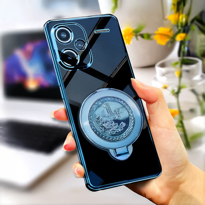 Hand holding a smartphone with a blue case featuring a circular design, blurred office background
