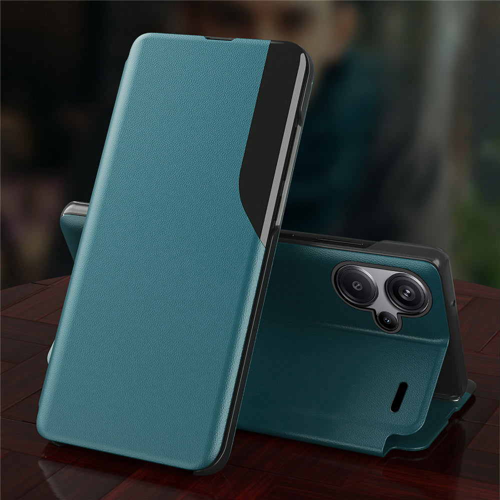 A luxury leather flip case for Redmi Note 13 Pro+ 5G, featuring a half window design and a matte green back.