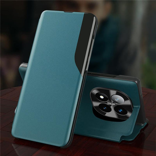 A luxury leather flip case for a Redmi Note 14 Pro+ 5G smartphone, displayed in an open position showcasing the camera cutout and the interior of the case.