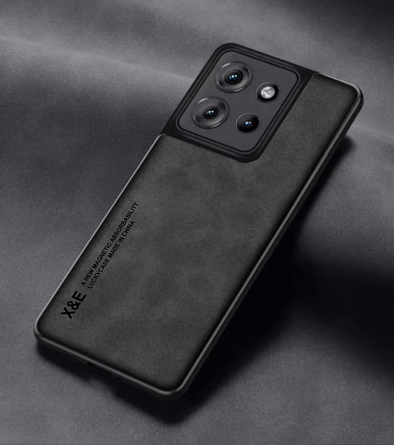 A black Motorola Edge 50 5G smartphone case made of sheepskin leather with a matte back design.