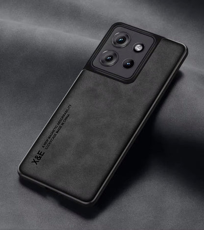 A black Motorola Edge 50 5G smartphone case made of sheepskin leather with a matte back design.