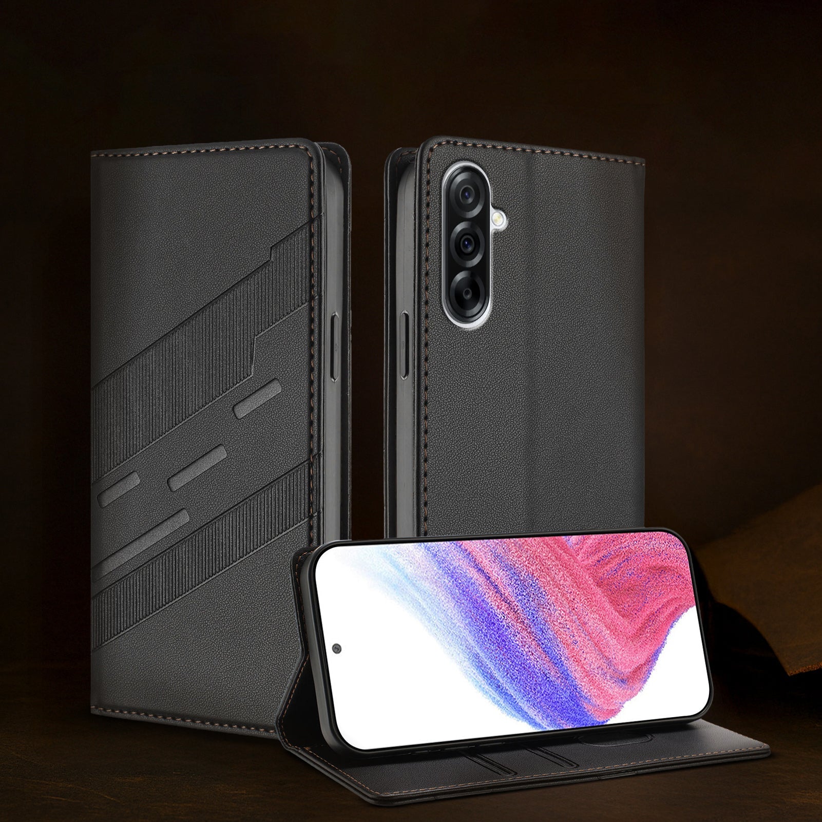 Black phone case with a smartphone displaying a colorful screen on a dark background