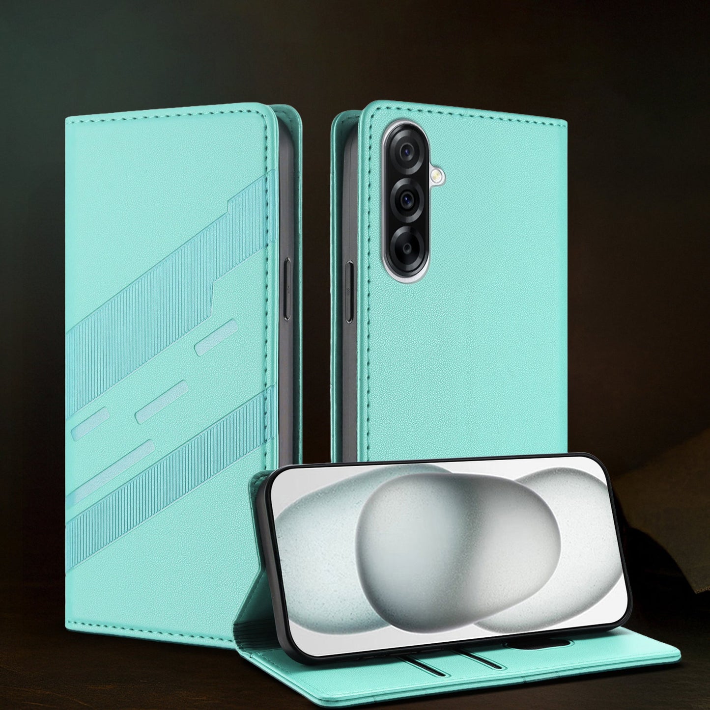 Teal phone case with stand feature on a dark background