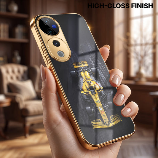 Vivo V40 Pro 5G F1 Racing Car Gold Electroplated Glass Phone Back Case