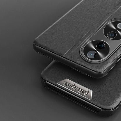 Vivo V40 Pro 5G Metal Satyamev Jayate 2-in-1 Emblem Half-Window Leather Flip Case