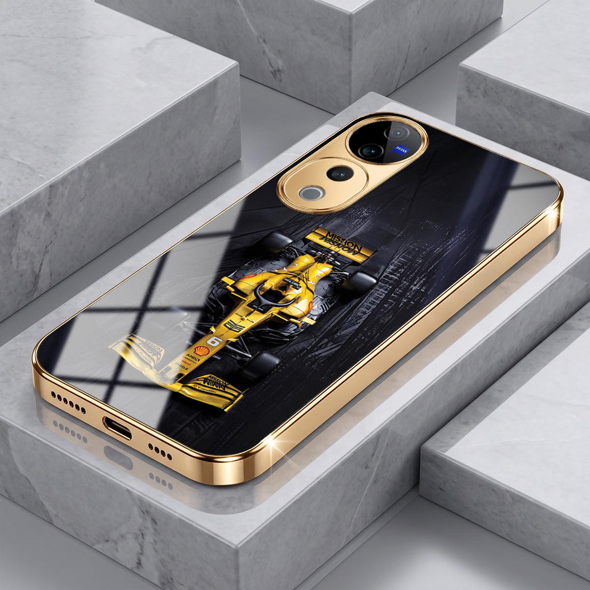 Vivo V40 Pro 5G F1 Racing Car Gold Electroplated Glass Phone Back Case