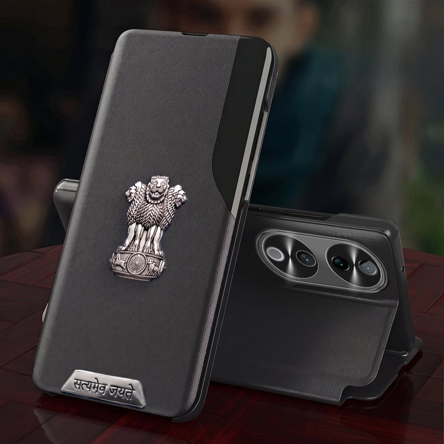 Vivo V40 Pro 5G Metal Satyamev Jayate 2-in-1 Emblem Half-Window Leather Flip Case