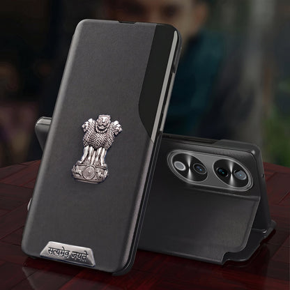 Vivo V40 Pro 5G Metal Satyamev Jayate 2-in-1 Emblem Half-Window Leather Flip Case