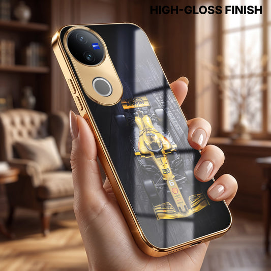 Vivo V50 5G F1 Racing Car Gold Electroplated Glass Phone Back Case