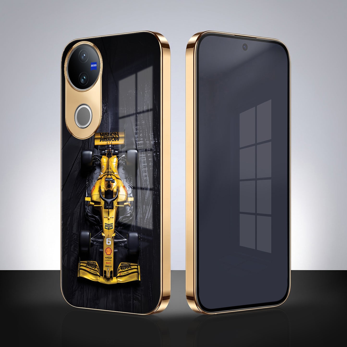 Vivo V50 5G F1 Racing Car Gold Electroplated Glass Phone Back Case