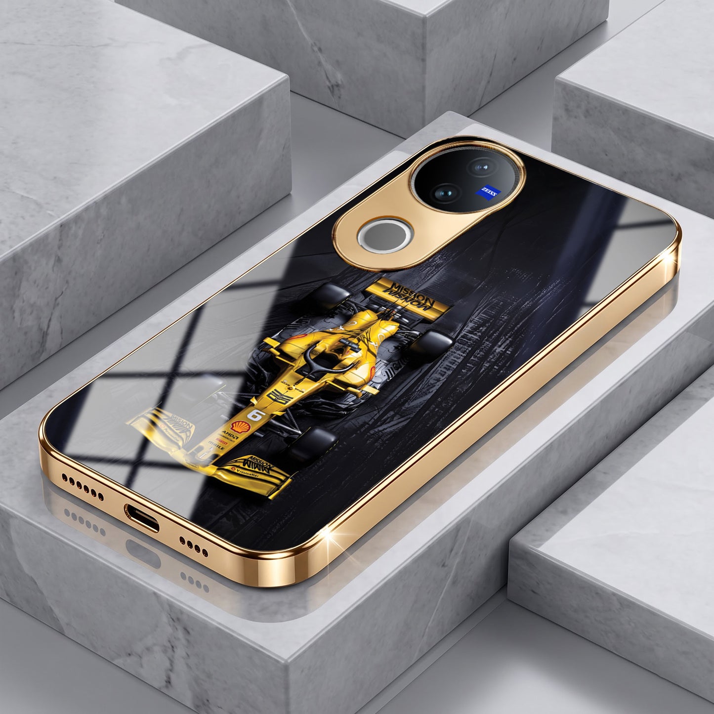 Vivo V50 5G F1 Racing Car Gold Electroplated Glass Phone Back Case