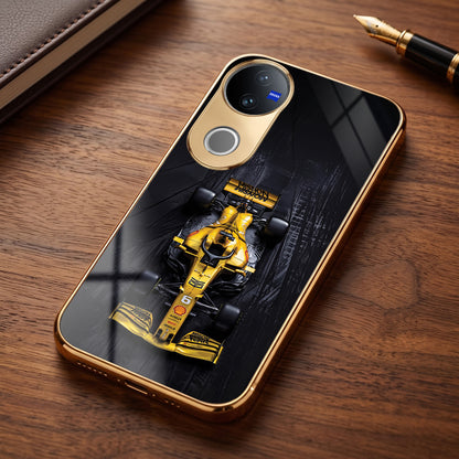 Vivo V50 5G F1 Racing Car Gold Electroplated Glass Phone Back Case