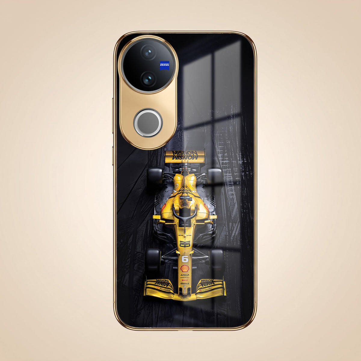 Vivo V50 5G F1 Racing Car Gold Electroplated Glass Phone Back Case