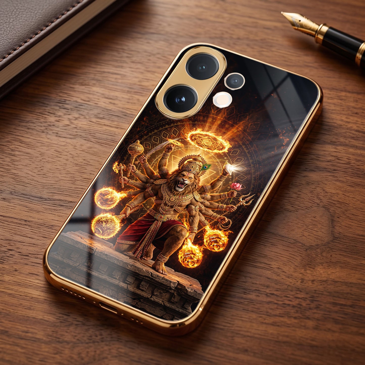 Vivo V60 5G Lord Narasimha Gold Electroplated Glass Phone Back Case